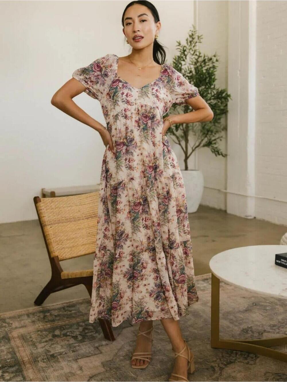 NWT Bohemian Floral Cream Maxi Dress with Puff Sleeves